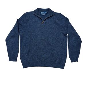 POLO RALPH LAUREN VTG Italian Lambs Wool Sweater Mens Large 1/4 Zip Blue